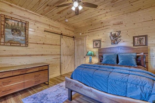 bedroom with wood ceiling, ceiling fan, dark hardwood / wood-style flooring, and wood walls