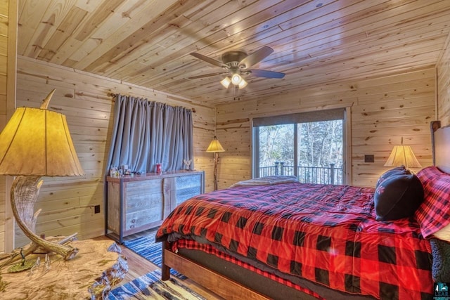 bedroom featuring hardwood / wood-style flooring, wooden ceiling, ceiling fan, and wood walls