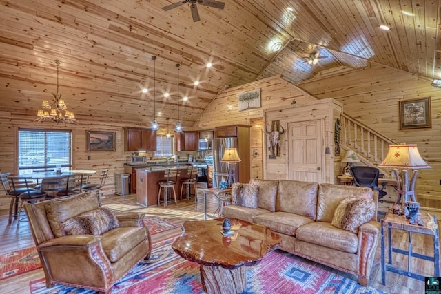 living room featuring ceiling fan with notable chandelier, wooden ceiling, and wood walls