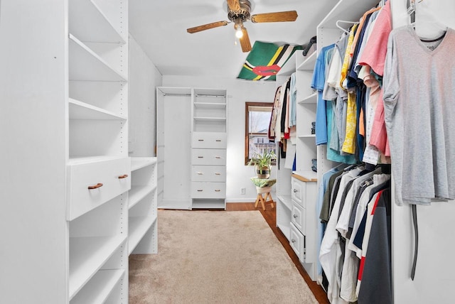 walk in closet featuring ceiling fan