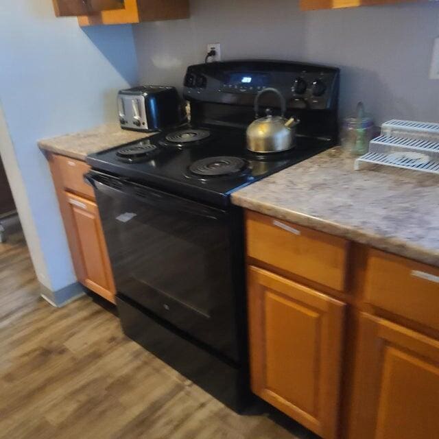 kitchen featuring light wood-type flooring and black range with electric cooktop