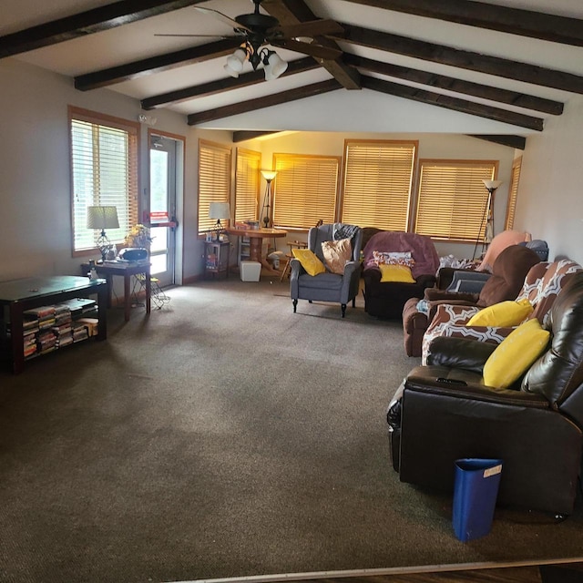 carpeted living room with vaulted ceiling with beams and ceiling fan