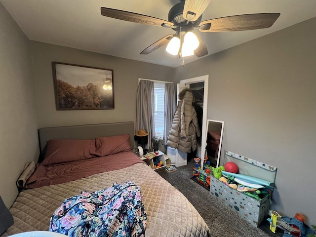 bedroom featuring ceiling fan and carpet floors