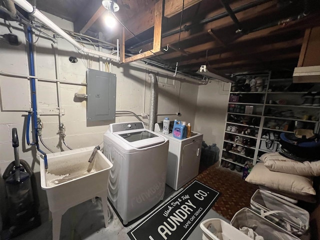 laundry room with electric panel and washing machine and clothes dryer