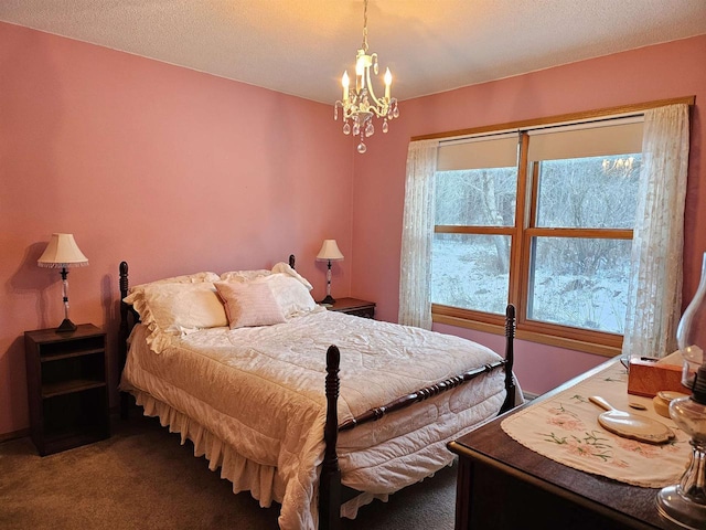 carpeted bedroom with an inviting chandelier