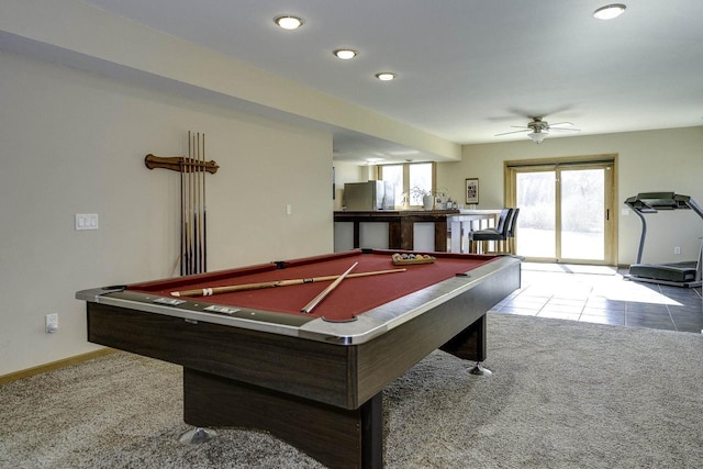 recreation room featuring carpet flooring, pool table, and ceiling fan