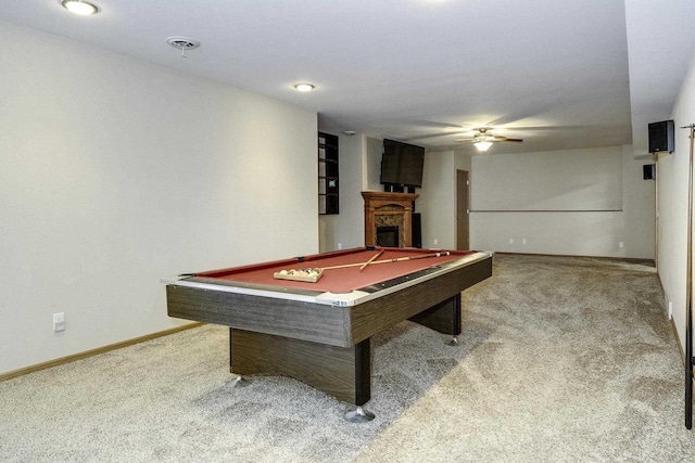 recreation room featuring light colored carpet, ceiling fan, and billiards