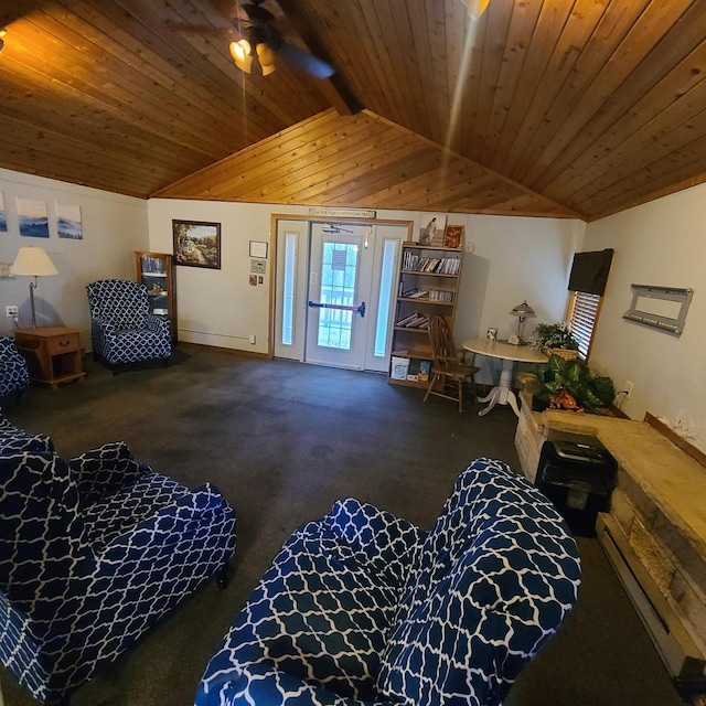 carpeted living room with lofted ceiling, wood ceiling, a baseboard radiator, and ceiling fan