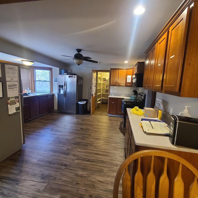 kitchen with stainless steel fridge, ceiling fan, electric range, and dark hardwood / wood-style flooring