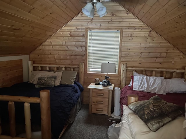 bedroom featuring wood ceiling, wood walls, lofted ceiling, and dark colored carpet