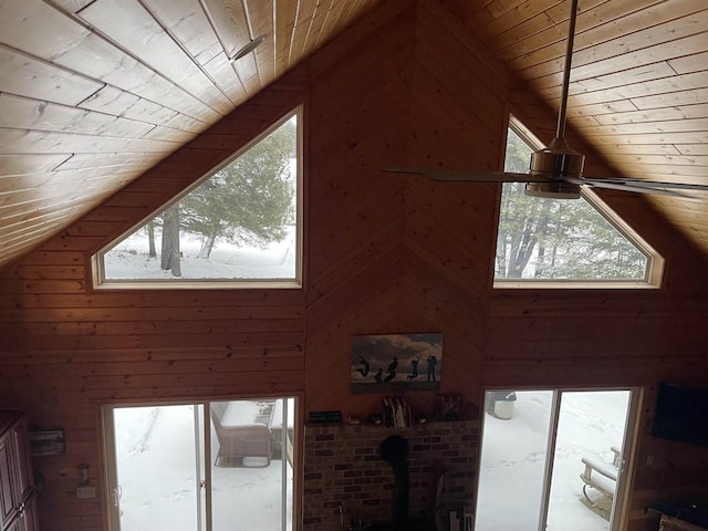 interior details featuring wood ceiling, wooden walls, ceiling fan, and a wood stove