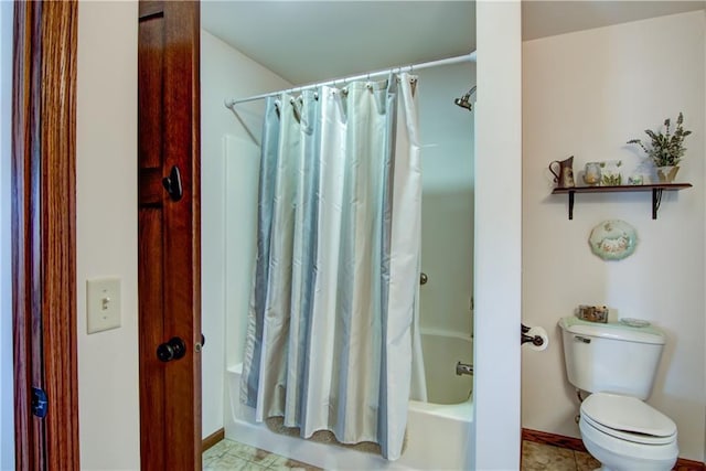 bathroom with shower / bathtub combination with curtain and toilet