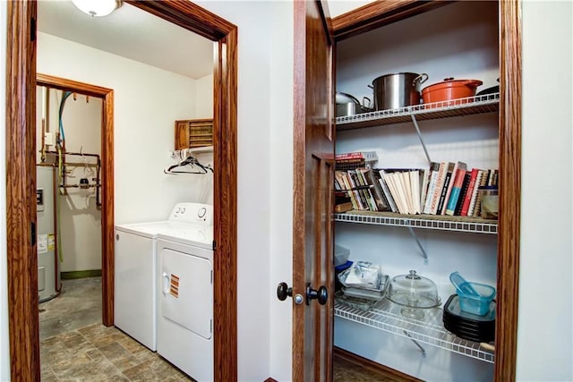 laundry area with independent washer and dryer and water heater