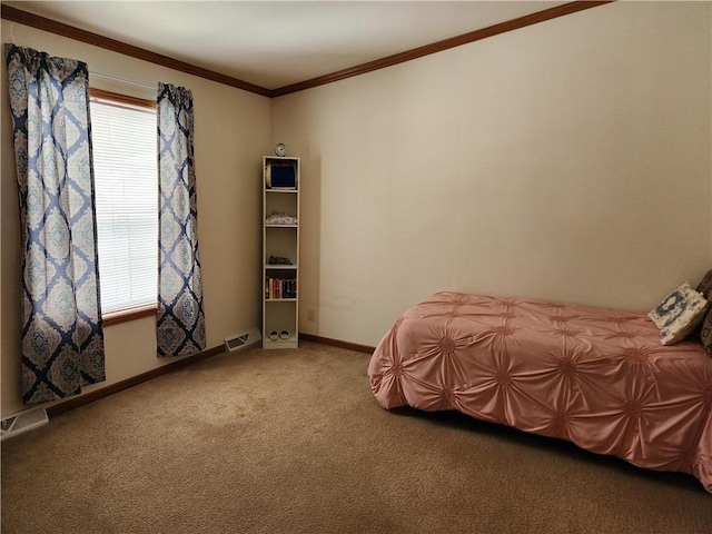 unfurnished bedroom featuring multiple windows, crown molding, and carpet floors