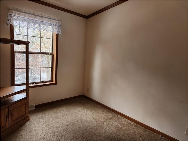 carpeted spare room featuring crown molding