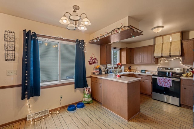 kitchen with sink, light hardwood / wood-style flooring, electric range, kitchen peninsula, and wall chimney range hood