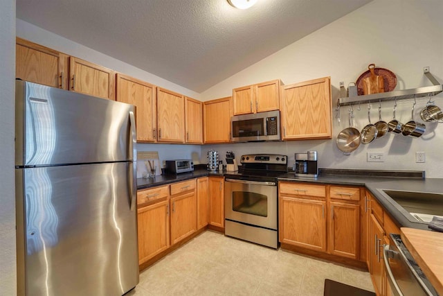 kitchen with lofted ceiling, a textured ceiling, and appliances with stainless steel finishes