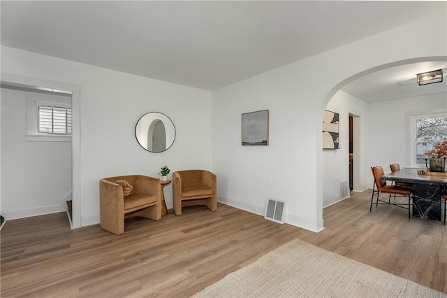 living area with a wealth of natural light and light wood-type flooring