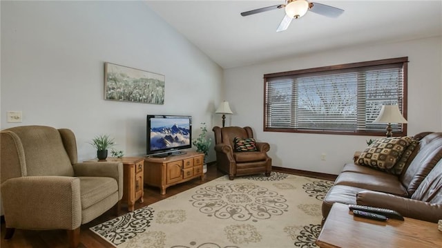 living room featuring wood-type flooring, vaulted ceiling, and ceiling fan