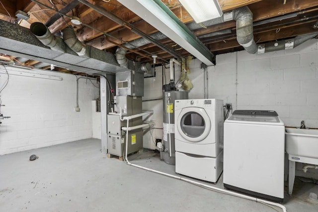 8209 N Port Washington Rd, Fox Point, WI 53217 - unfinished below grade area featuring water heater, a sink, washer and clothes dryer, and heating unit