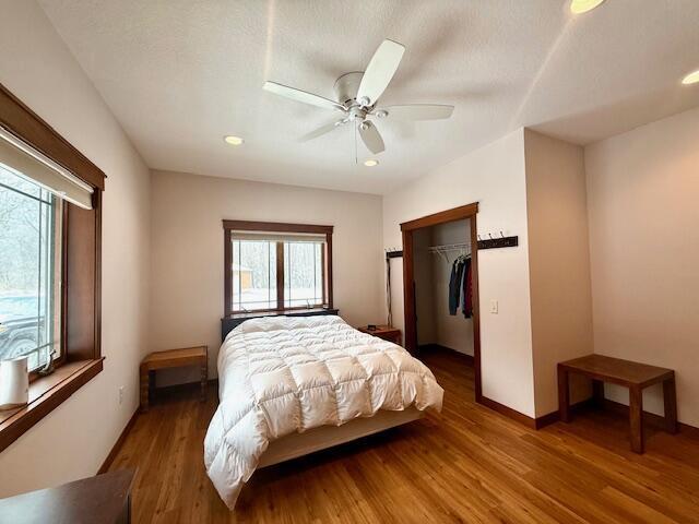 bedroom with dark hardwood / wood-style floors, ceiling fan, and a spacious closet