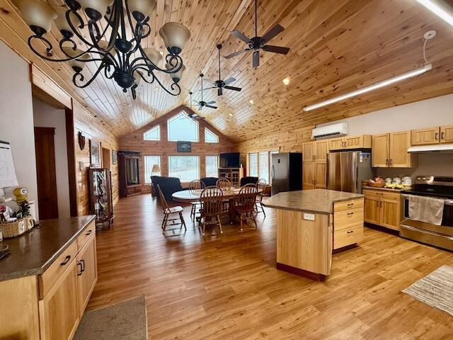 kitchen featuring high vaulted ceiling, stainless steel appliances, a center island, wooden ceiling, and light wood-type flooring