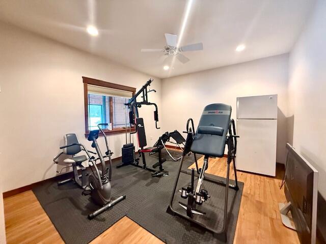 workout area featuring wood-type flooring and ceiling fan