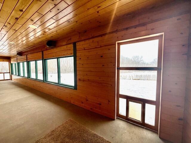 bonus room featuring plenty of natural light, wooden ceiling, and wooden walls