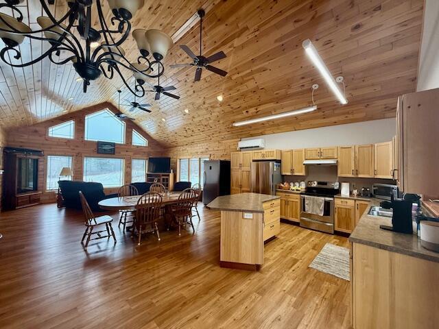 kitchen with a kitchen island, appliances with stainless steel finishes, wood ceiling, light brown cabinets, and light hardwood / wood-style flooring