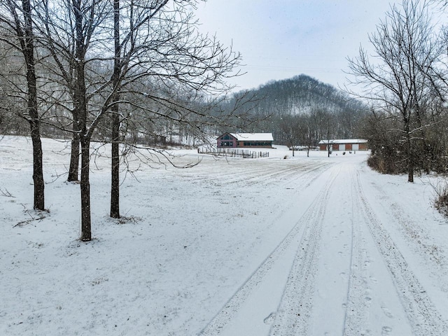 yard covered in snow with a mountain view