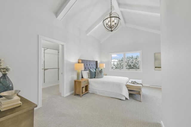 bedroom with beamed ceiling, high vaulted ceiling, a chandelier, and carpet floors