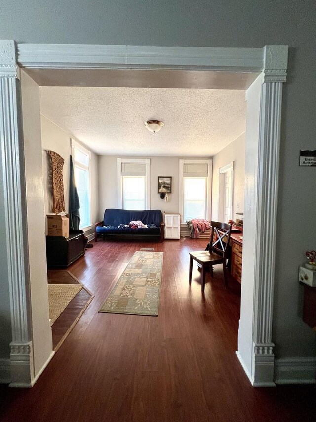 202 N Wisconsin Ave, Muscoda, WI 53573 - interior space featuring decorative columns, a textured ceiling, and dark hardwood / wood-style flooring