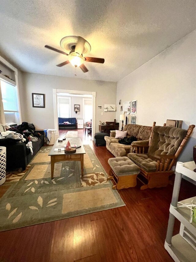 202 N Wisconsin Ave, Muscoda, WI 53573 - living room with hardwood / wood-style floors, a textured ceiling, and ceiling fan