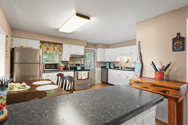 kitchen with stainless steel appliances, white cabinetry, and sink