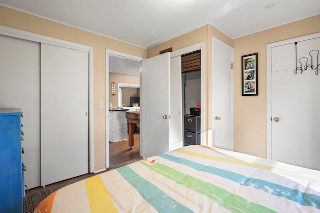 bedroom with dark hardwood / wood-style floors and two closets