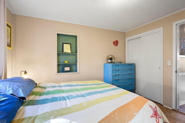 bedroom featuring wood-type flooring and a closet