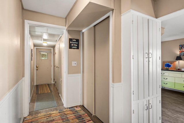 corridor featuring dark wood-type flooring