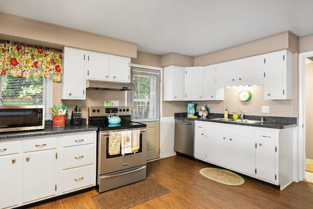 kitchen featuring white cabinetry, sink, wood-type flooring, and stainless steel appliances