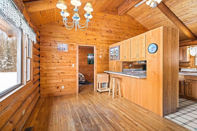 kitchen featuring a breakfast bar, vaulted ceiling with beams, light wood-type flooring, and kitchen peninsula