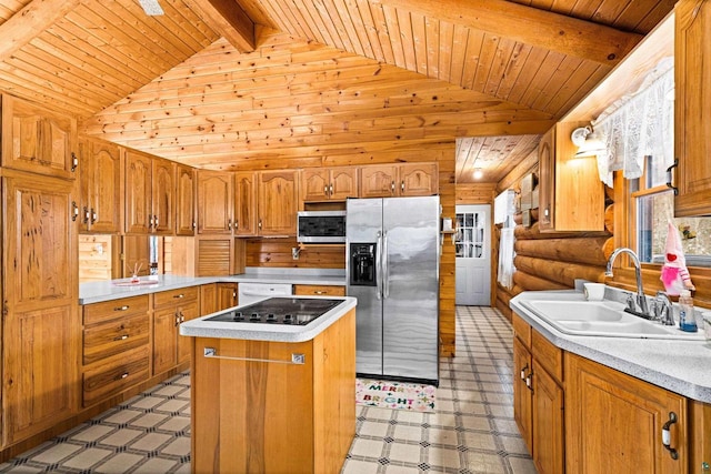 kitchen featuring a kitchen island, appliances with stainless steel finishes, lofted ceiling with beams, sink, and wooden ceiling