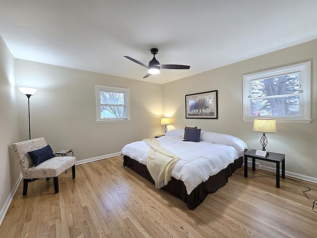 bedroom featuring ceiling fan and light hardwood / wood-style floors