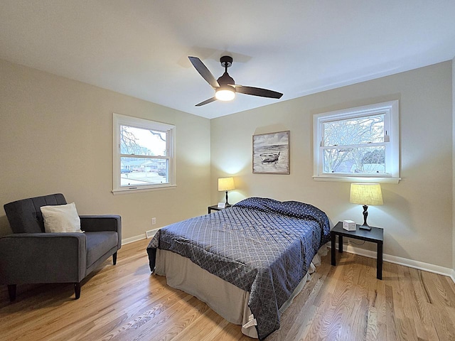 bedroom with ceiling fan and light hardwood / wood-style floors