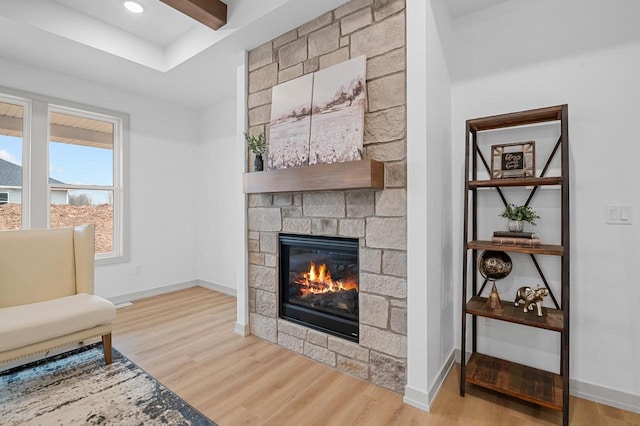 interior space with a stone fireplace and light hardwood / wood-style floors