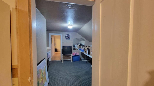 interior space featuring vaulted ceiling, carpet, and a textured ceiling