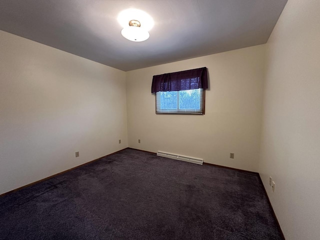 unfurnished room with a baseboard radiator and dark carpet