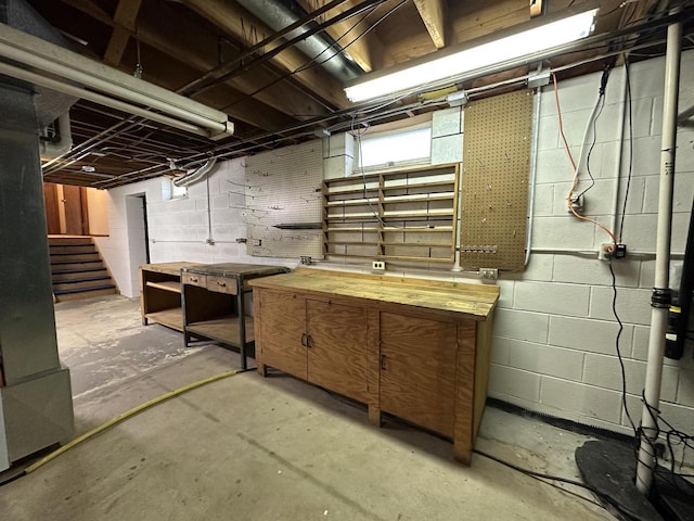 basement with a workshop area