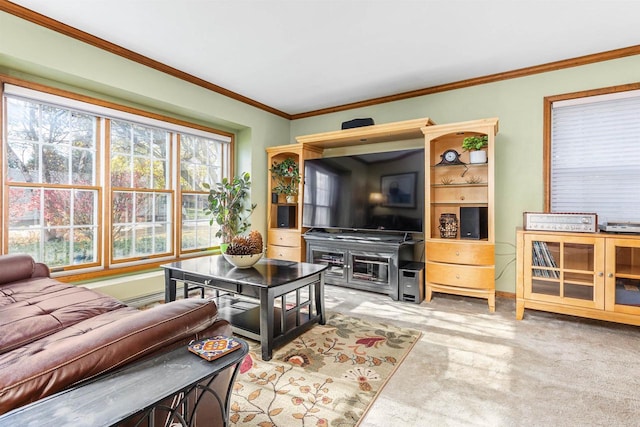 living room with light carpet and ornamental molding