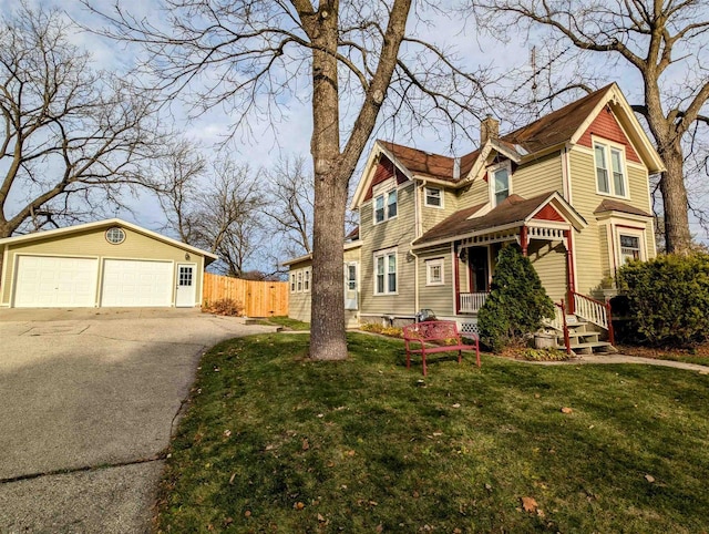 view of front of house featuring a garage, an outdoor structure, and a front yard