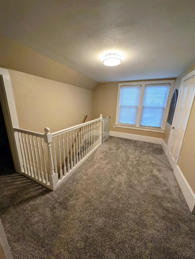 bonus room with lofted ceiling, carpet, and a textured ceiling