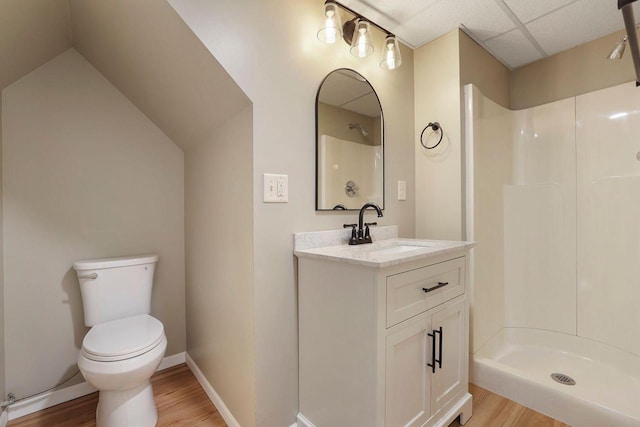 bathroom with vanity, hardwood / wood-style floors, toilet, and walk in shower